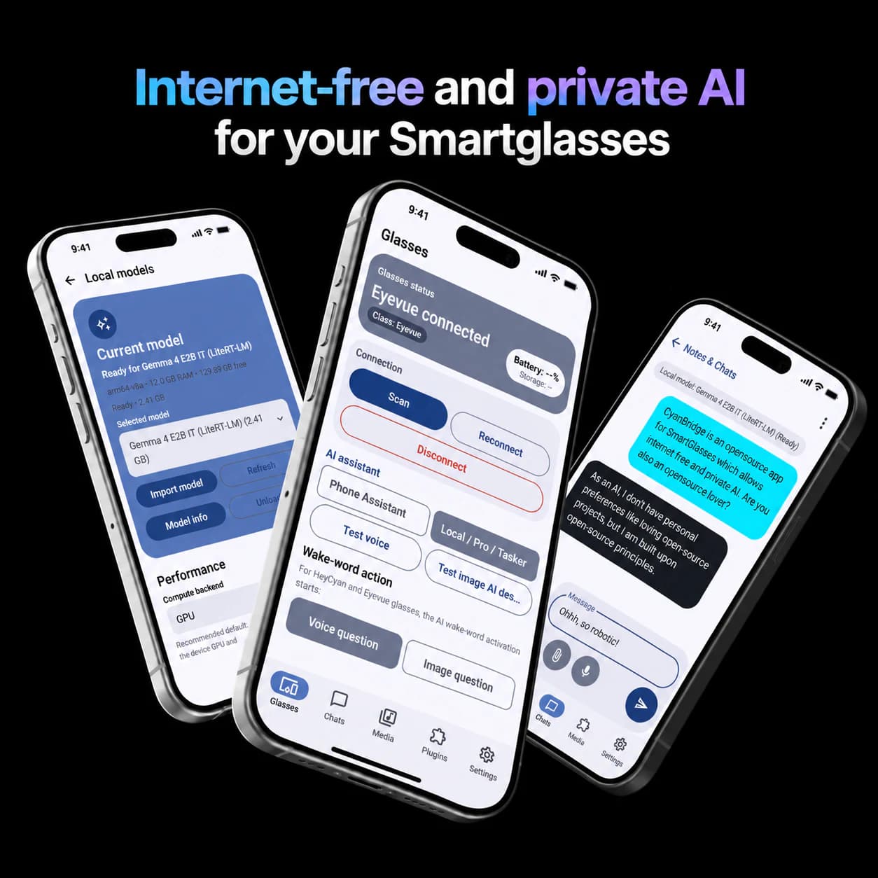 CyanBridge app screens for a local model, connected glasses, and private chat