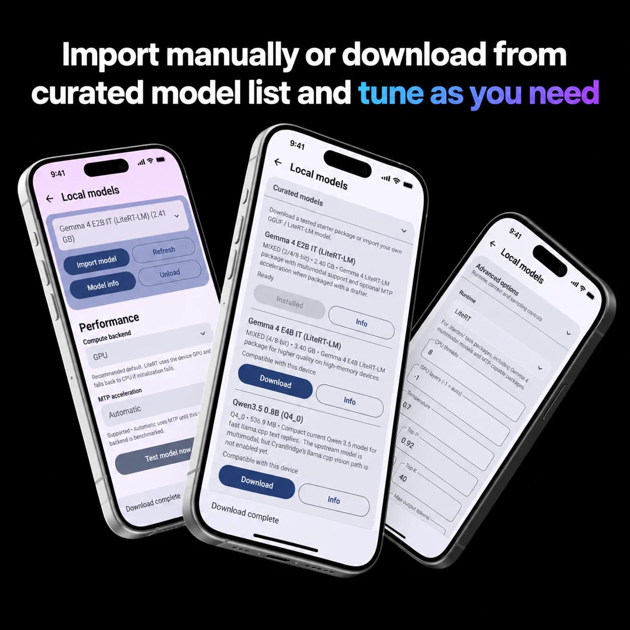 CyanBridge local model download, performance, and runtime controls