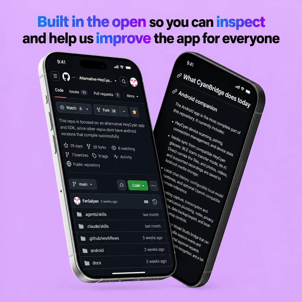 Public CyanBridge Android source repository and documentation displayed on two phones