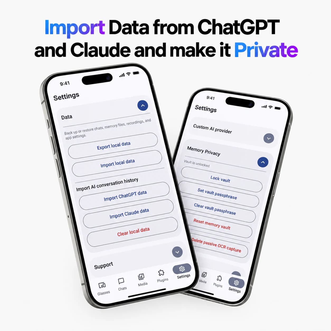 CyanBridge controls for importing local AI data and locking the private memory vault